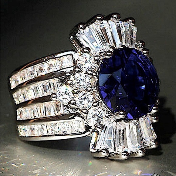 Blue Sapphire Sterling Silver Baguette Crown Statement Ring - Picture 6 of 14